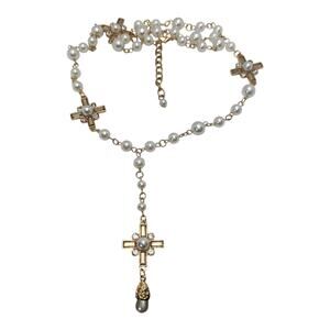 Faux Pearl and Crystal Rosary Necklace, Elegant Religious Jewelry